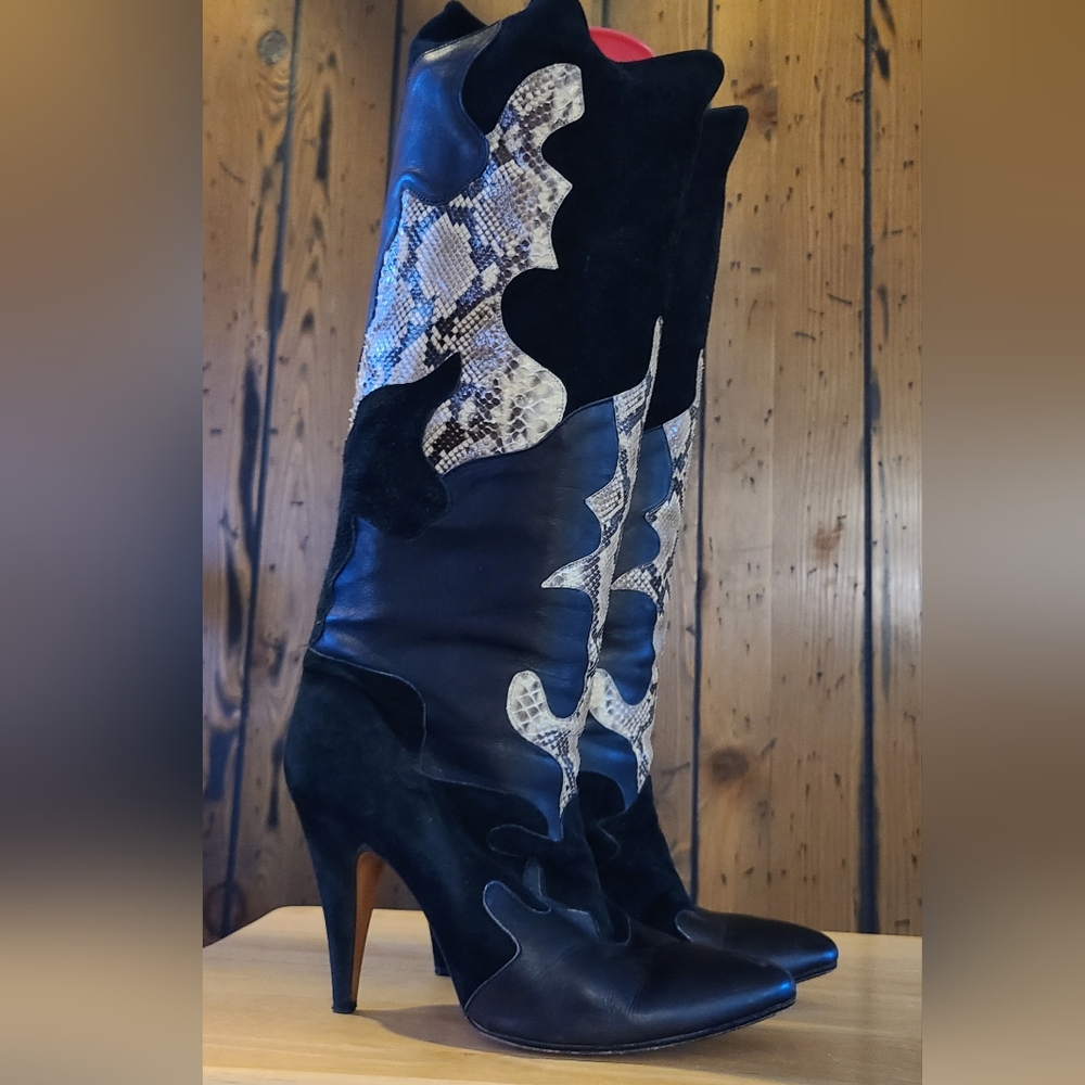 Patchwork Leather Suede and Snakeskin High Heel Made Italy size10